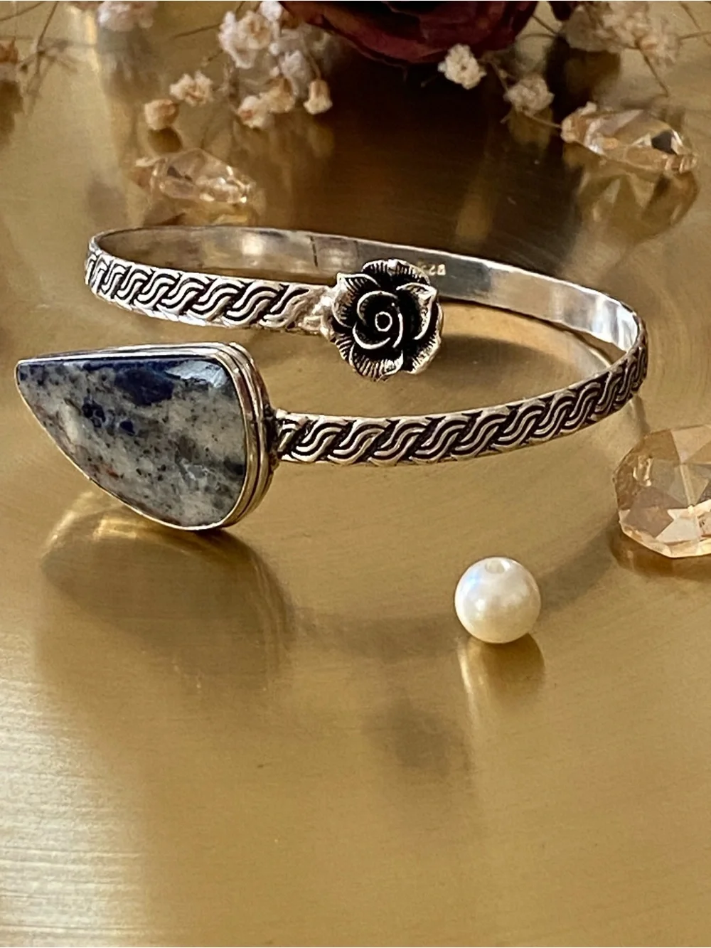 Sodalite Hand Crafted Flower Bypass Bangle